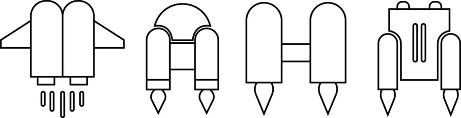 Jetpack line icons set. Vectors from automation, high tech. Water sport activity on beach with jet backpack symbols. Air fly transportation booster. Space craft futuristic propulsion device signs.