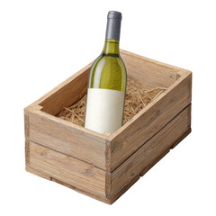 Isolated Transparent Wine Bottle in Wooden Crate