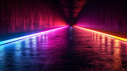Neon tunnel with vibrant pink and blue light.  Abstract, futuristic pathway.  Glowing lines on concrete floor and walls.  Dark, mysterious ambiance.  Geometric.  Empty space.  3D rendering..