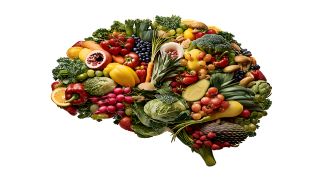  The brain is made out of fruits and vegetables isolated on a white background