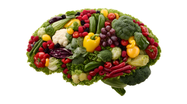  The brain is made out of fruits and vegetables isolated on a white background