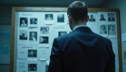 Criminal investigation officer reviewing evidence board at police station. Man in suit analyzes crime scene photos, case files. Detective planning strategy for successful investigation, solving