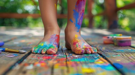 Wiggle Your Toes Day. Child's small feet wiggling colorful painted toes on wooden deck, playful summer atmosphere, art supplies scattered nearby, ultra-realistic family lifestyle photography