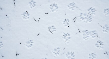 Multiple animal paw prints distinctly visible in fresh white snow with scattered dark twigs