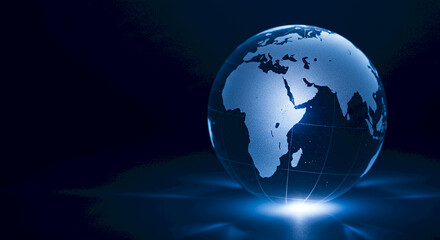 Fototapeta premium 3D representation of Earth globe with blue glow on dark background 