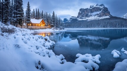 Cozy winter cabin by a frozen lake, snowy mountains in the background