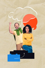 Composite image montage trend artwork 3D collage of aged man young lady smile speech cloud comment...