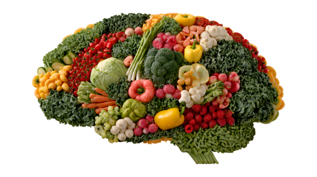  The brain is made out of fruits and vegetables isolated on a white background