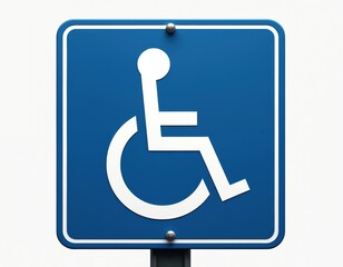 Blue parking sign with wheelchair symbol, indicating accessible parking spaces for disabled individuals. Promotes awareness, inclusion, convenience in public areas, healthcare facilities, services.