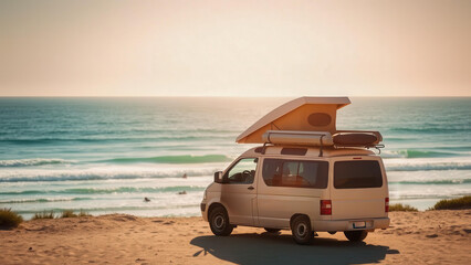 A light camper with a tent on the roof is parked on a sandy beach by the ocean. The waves gently touch the shore under the bright sun. An ideal moment for relaxation and travel in nature.