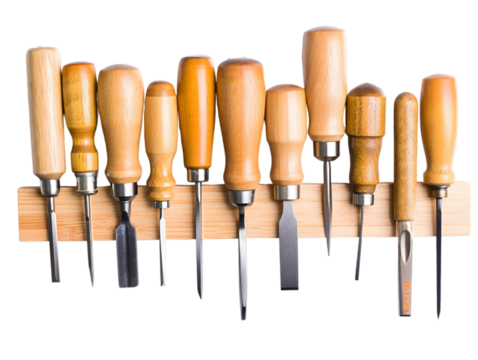 Collection of Wood Carving Chisels with Wooden Handles Arranged on a Light Brown Wooden Rack Isolated on a transparent background
