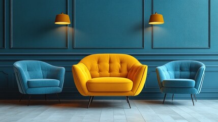 Modern room with yellow and blue armchairs