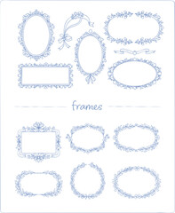 Floral Hand-drawn Label Frame Set – Blue Flower Decorative Vector Borders (Vol.5)