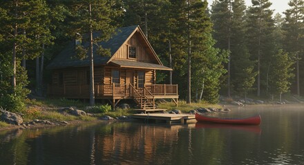 Obraz premium Lakeside Log Cabin Retreat with Red Canoe and Misty Reflections at Dawn