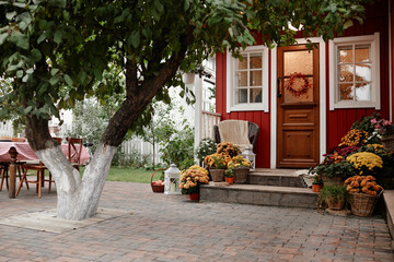 Charming house surrounded by potted Autumn flowers and greenery in village garden setting, no people