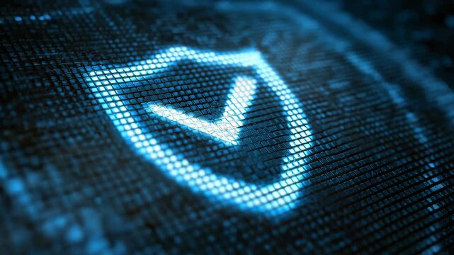 Digital Checkmark: Blue checkmark symbol created from illuminated squares, suggesting verification, completion, or digital confirmation in a tech-focused setting.
