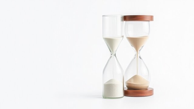 A transparent hourglass on a white background symbolizes the inexorable passage of time. The minimalist composition is suitable for the concepts of urgency and deadlines.