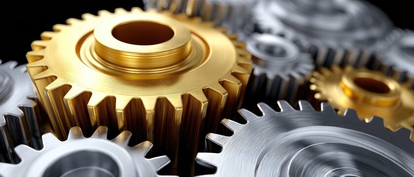 metallic gears manufacturing torque concept. Close-up of interlocking metallic gears with gold and silver finishes.