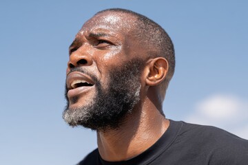 A sweaty Black man looks up at the sky, his mouth slightly open as if catching his breath.