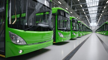 New green buses parked in a row inside a spacious factory, ready for delivery, gleaming under bright lights of the assembly line.