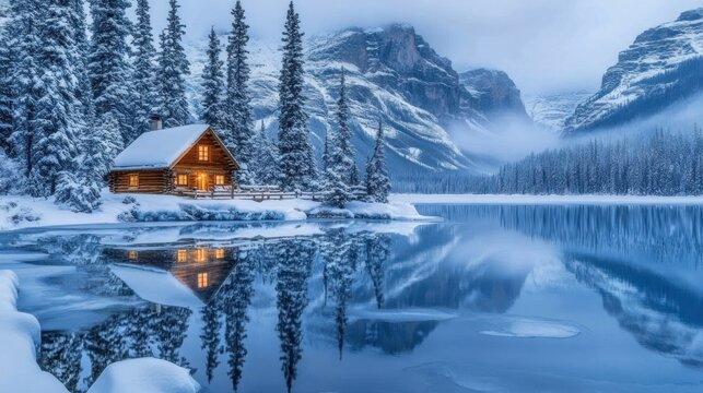 Cozy cabin on a snowy lake shore, reflecting in still, icy water, surrounded by towering mountains and evergreen trees
