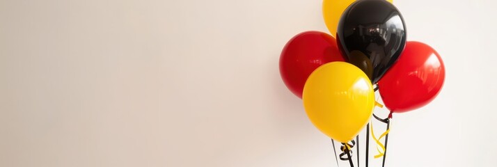Celebration of belgian national day with red, yellow, and black balloons on minimalist background. Horizontal banner. Copy space. Red, yellow, black balloons on a white background