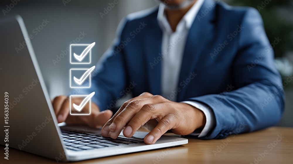 Poster businessman s hands typing on a laptop with a glowing checklist overlay symbolizing task completion 