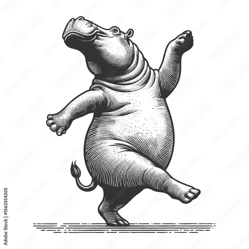 Poster dancing hippopotamus sketch engraving generative ai fictional character vector illustration. scratch