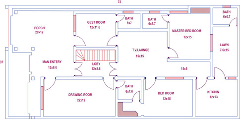 Home architecture vector floor plan featuring labeled master bedroom, guest room, kitchen, baths, porch, and stair lobby—detailed layout