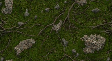 Overhead view of a forest floor covered in vibrant green moss winding tree roots and scattered rocks