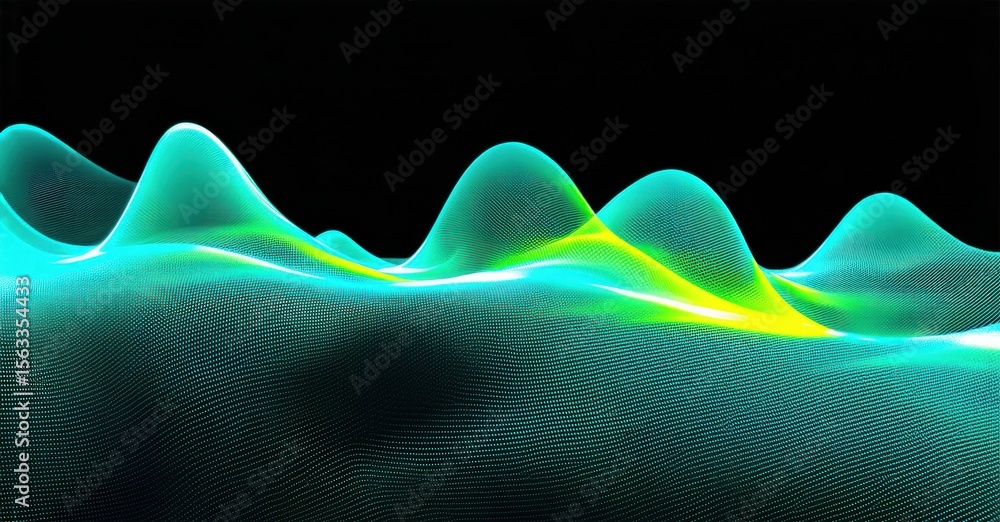 Poster abstract waves, vibrant teal hues, flowing lines. digital rendering creates undulating surface, dark