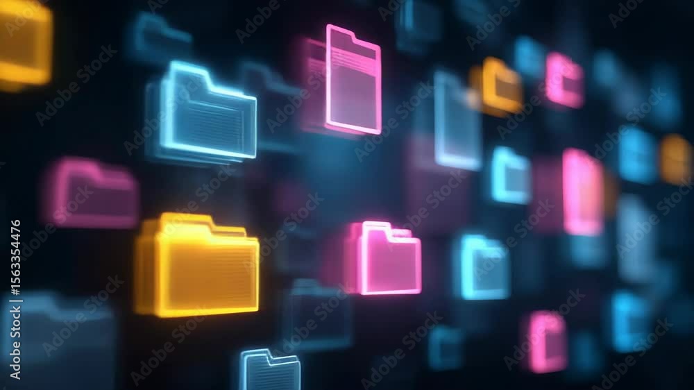 Poster digital folders in vibrant colors, symbolizing information management, virtual data storage, and org