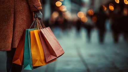 A Woman Carrying Colorful Shopping Bags on a Blurred City Street