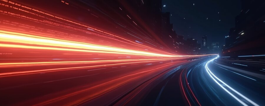 Fast motion curve light tech trail abstract background. Futuristic cityscape, speed digital cyberspace. High-tech concept, bright red and blue glowing lines. Modern tech.