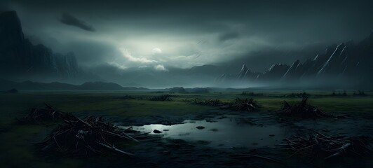 A haunted gothic Rice fields perched on a wind-swept hill,ai generative