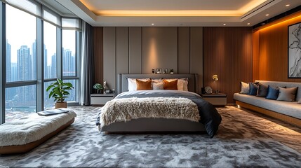 Rich color palette with cozy textures in bedroom, front shot of bed, woolen carpet, wooden and marble pattern flooring, cityscape window and large grey seating zone