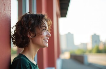 Attractive young woman leans against wall. Smiling face, happy thoughts. Candid portrait of beautiful female with brunette hair looking outside. Confident, relaxed, stylish lady, outdoor light, urban