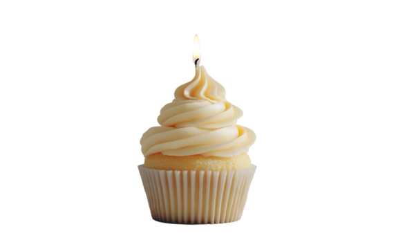 Delicious birthday cupcake topped with colorful swirled frosting and a lit candle isolated on transparent background PNG