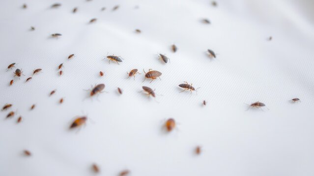 Bed bugs crawl on the surface of the mattress, posing a threat to health and sleep comfort. Close-up shows the insects on the white fabric. The topic of disinfection, pests and sanitation.