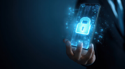 Businessman holding smartphone with glowing lock symbol