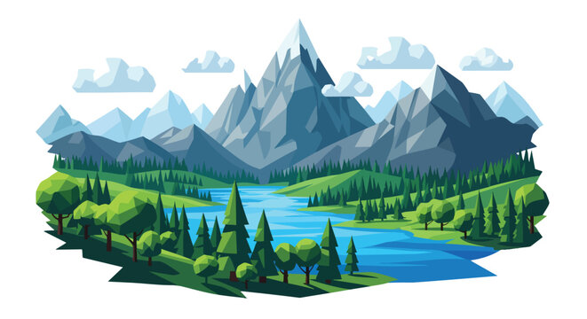 Vibrant Low Poly Landscape Illustration Featuring Majestic Mountains, Lush Forests, and Serene Blue River