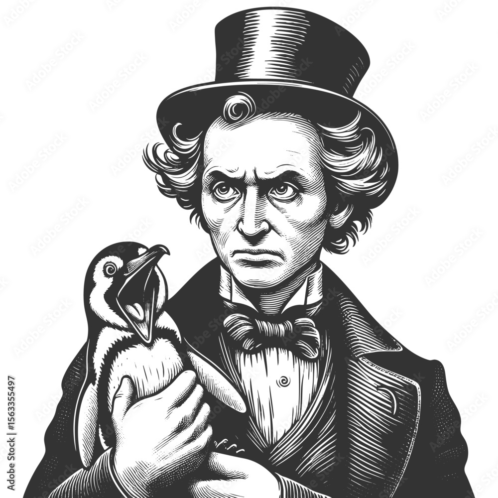 Poster victorian gentleman in a top hat holding a surprised penguin sketch engraving generative ai fictiona