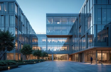 Modern office building sustainable architecture in urban setting. Glass facade reflects city views. Clean lines, transparent design, futuristic exterior for corporate business, finance, technology