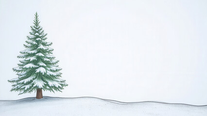 Winter christmas card illustration with evergreen pine tree with snow and lots of copy space