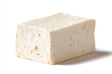 A block of white feta cheese with irregular holes sitting on a white surface with its shadow