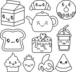 Kawaii Food Coloring Page - Cute Cartoon Snacks and Sweets Vector Set for Kids