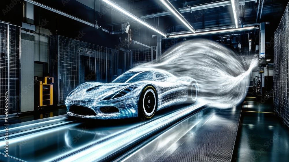 Poster futuristic test car in high-tech wind tunnel analyzing aerodynamic flow for optimal performance
