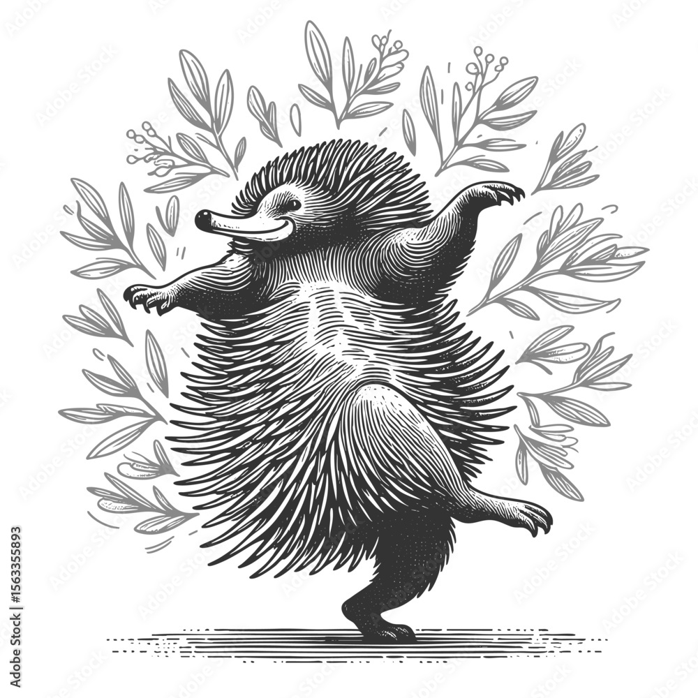 Poster joyful echidna dancing sketch engraving generative ai fictional character vector illustration. scrat