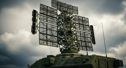Powerful Military Radar System for Air and Missile Defense Under Dramatic Sky