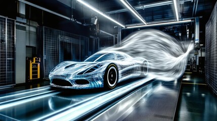 Futuristic Test Car in High-Tech Wind Tunnel Analyzing Aerodynamic Flow for Optimal Performance